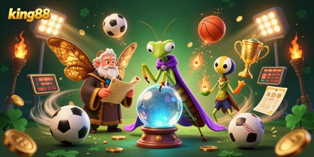 Win big at king88 with a vibrant scene of fortune tellers and sports elements in action