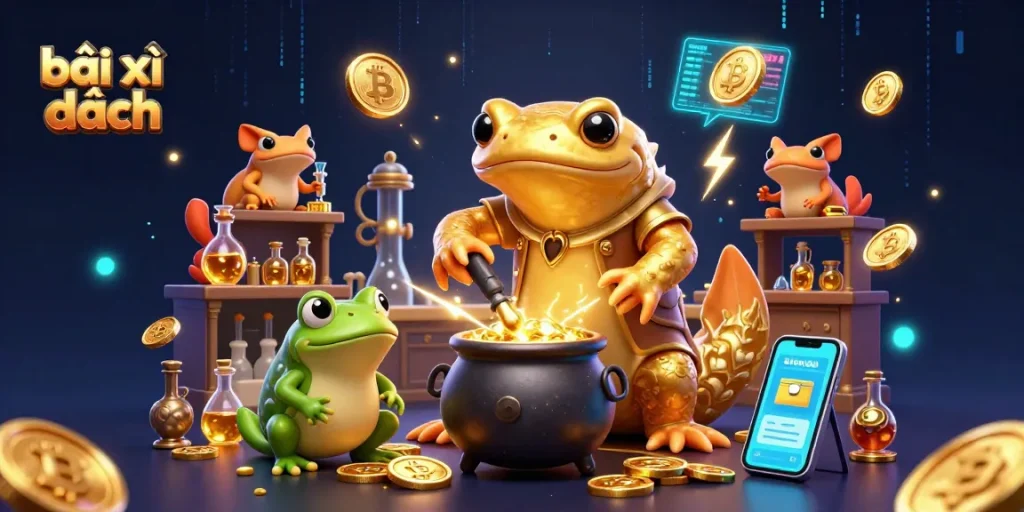 Experience thrilling gameplay with bài xì dách as golden elements and crypto coins illuminate the action!
