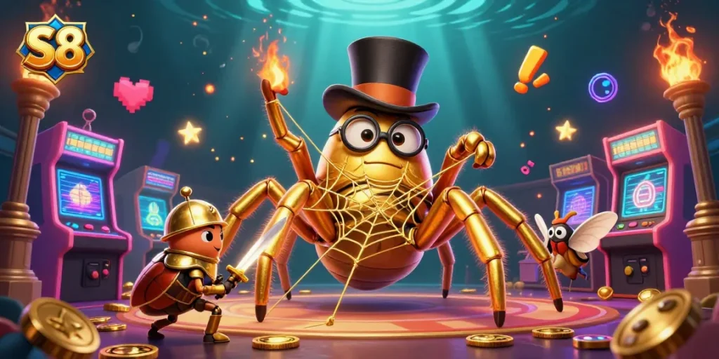 Experience the magic of S8 with a dynamic casino-themed illustration showcasing a golden tarantula and a beetle knight.
