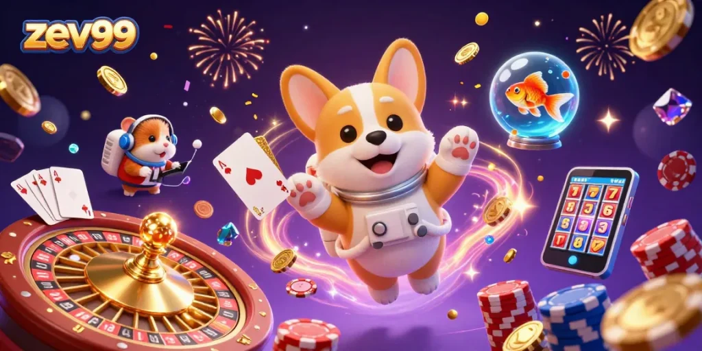 Zev99 offers thrilling gameplay with floating characters in a space casino, captivating players with dynamism.