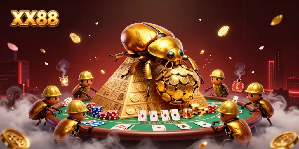 Experience thrilling gameplay at XX88 with a golden dung beetle conquering a pyramid of coins.