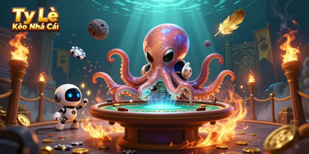 Tỷ Lệ Kèo Nhà Cái features an alien octopus at a sparkling poker table, surrounded by vibrant casino elements.