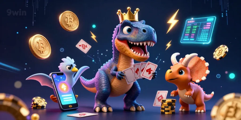 Engage in thrilling 9win casino adventures with vibrant dinosaur characters and crypto elements.