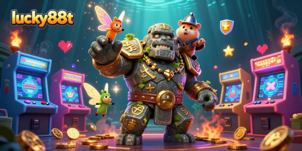 Experience thrilling gameplay at lucky88t with a dynamic scene showcasing a magical golem, fairy, and hamster knight.