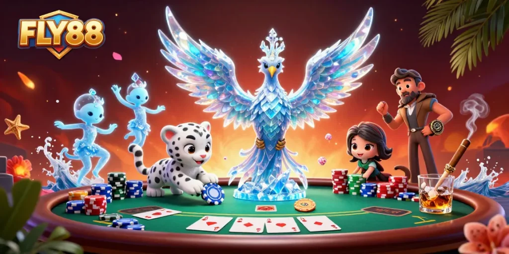 Win with FLY88's engaging illustration showcasing poker gameplay and immersive casino environment.