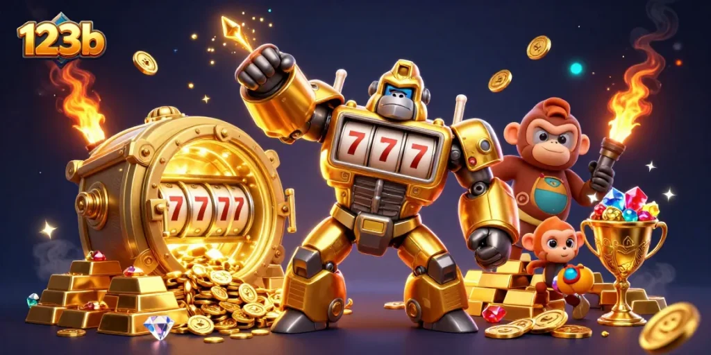 Experience the thrill of winning at 123b with a dynamic casino adventure scene featuring a golden gorilla mech.