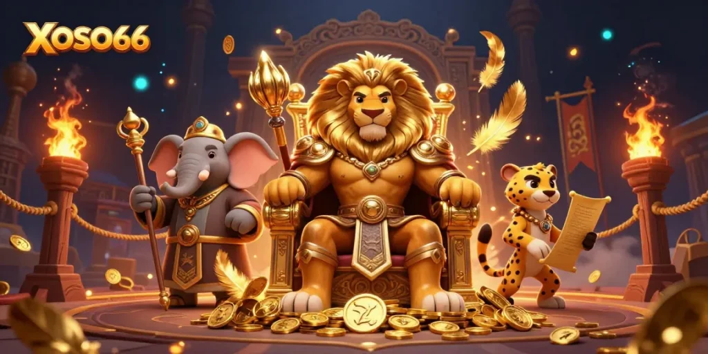 XOSO66 showcases a vibrant casino scene with lion king, elephant advisor, and cheetah messenger amid gold coins.