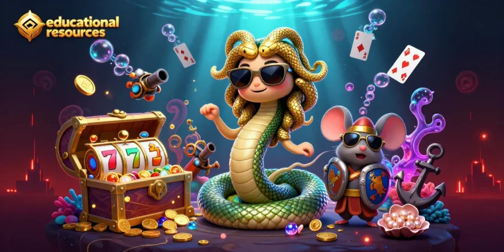 Engage with educational resources through this vibrant 3D illustration featuring a friendly Medusa and a warrior mouse, symbolizing the fun of casino gaming.