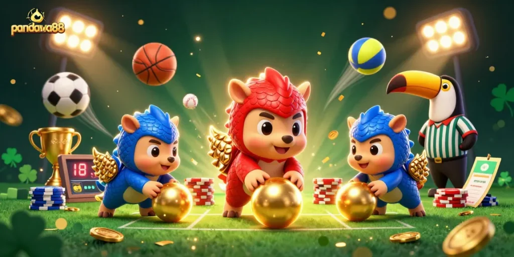 Pandawa88 showcases a vibrant 3D scene of rival pangolins playing a casino game surrounded by dynamic sports elements.