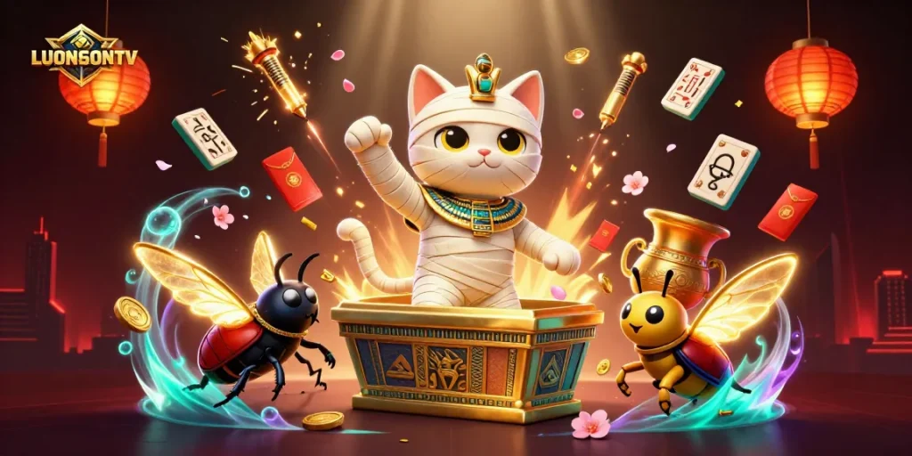 Watch LUONGSONTV for exciting sports betting action with dynamic characters bursting out in a vibrant casino.