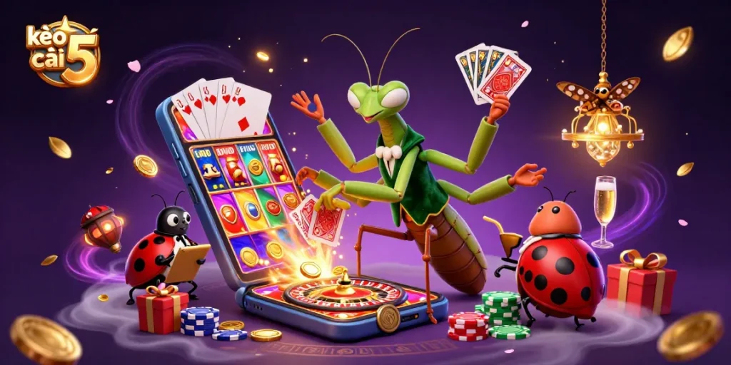 Experience the excitement of kèo nhà cái 5 with a dynamic scene of cartoon characters engaged in casino action.