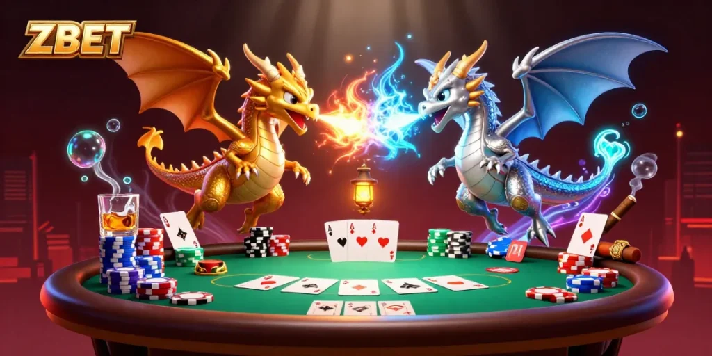 ZBET players enjoy thrilling poker encounters with gold and silver dragons amidst exciting casino elements.