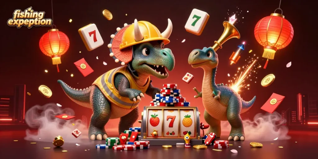 Engaging fishing expedition scene showcasing a cheerful dinosaur and dynamic casino action.