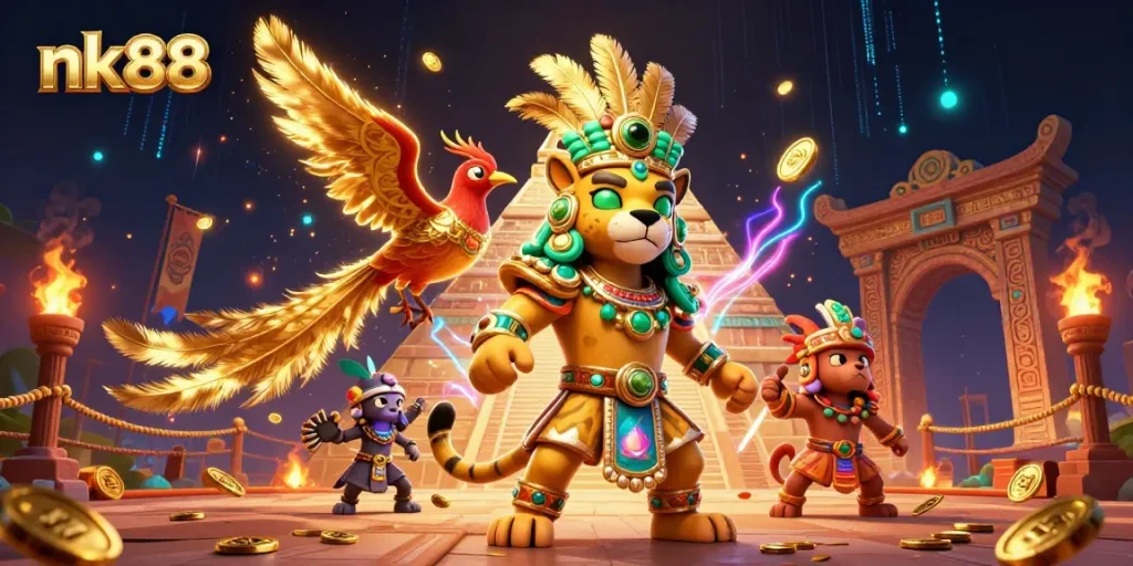 Experience thrilling gambling action with nk88, featuring a vibrant Mayan jaguar priest and golden tokens.
