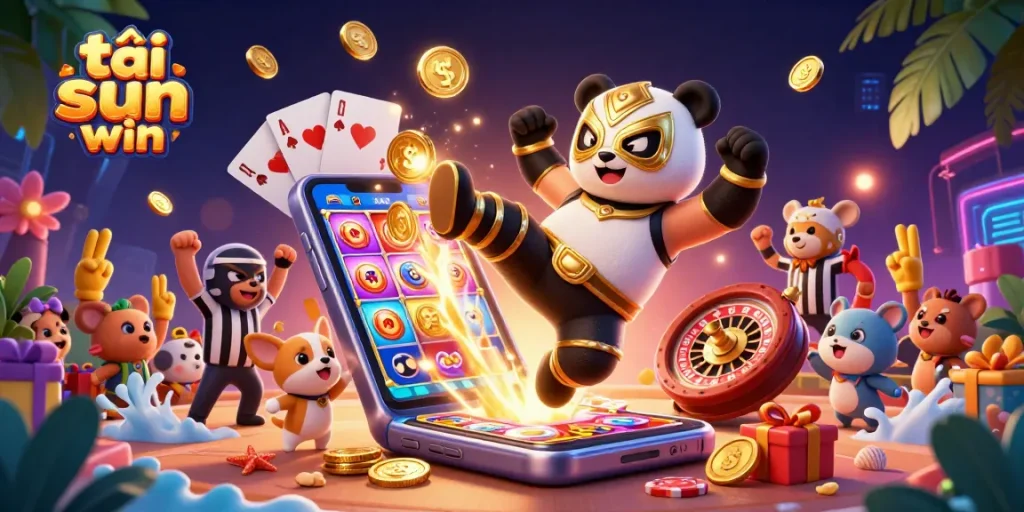 Engage with exciting gameplay in tải sun win featuring a panda wrestler and casino symbols.