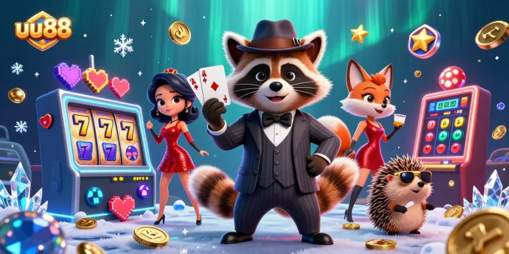 Engage in thrilling action with uu88 slot games amidst dazzling characters and glowing casino elements.