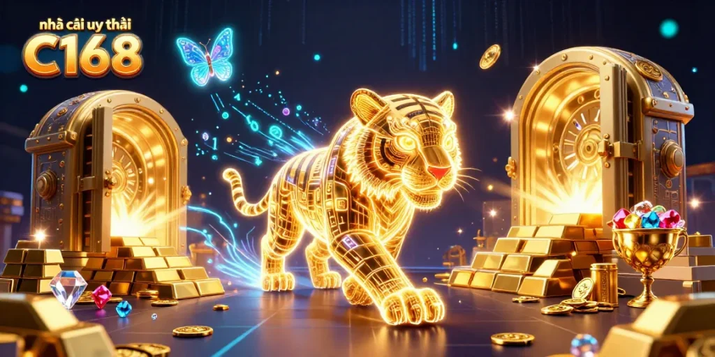Experience the thrill of nhà cái uy tín C168 with a golden tiger and treasures in a vibrant casino setting.