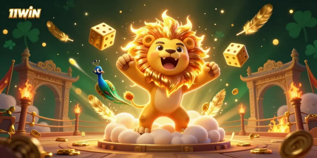 Experience thrilling gameplay with 11WIN in this vibrant casino scene featuring a roaring lion and golden dice.