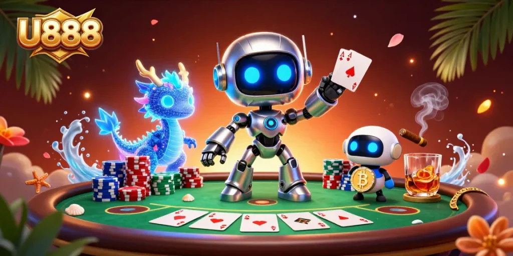 Engage in thrilling U888 poker action with vibrant characters and immersive gaming elements.