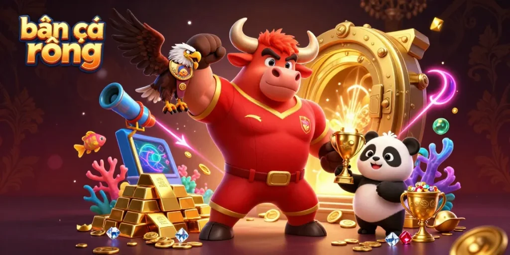 Engage in the bắn cá rồng game with a vibrant bull mascot and treasures that enhance your gaming experience.