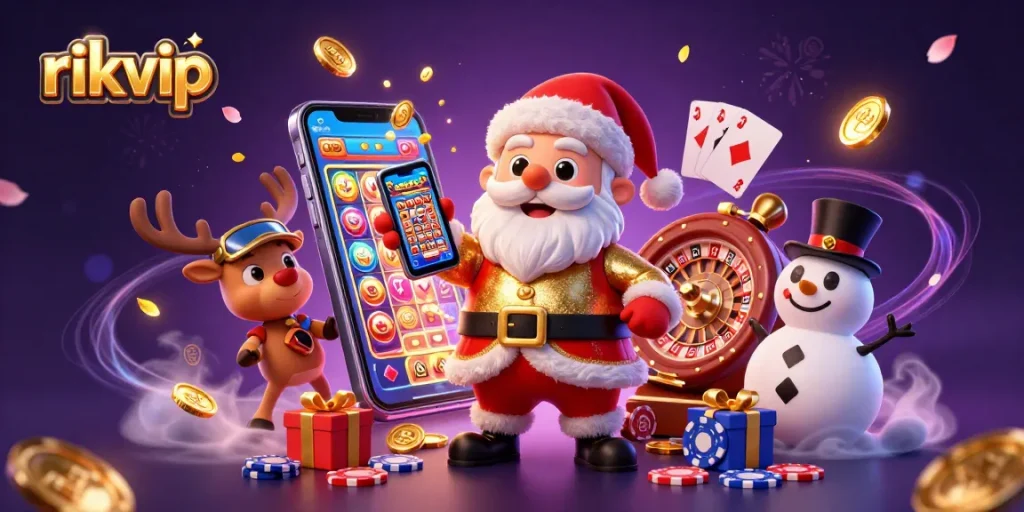 Win big with rikvip in a vibrant casino scene featuring Santa and friends!