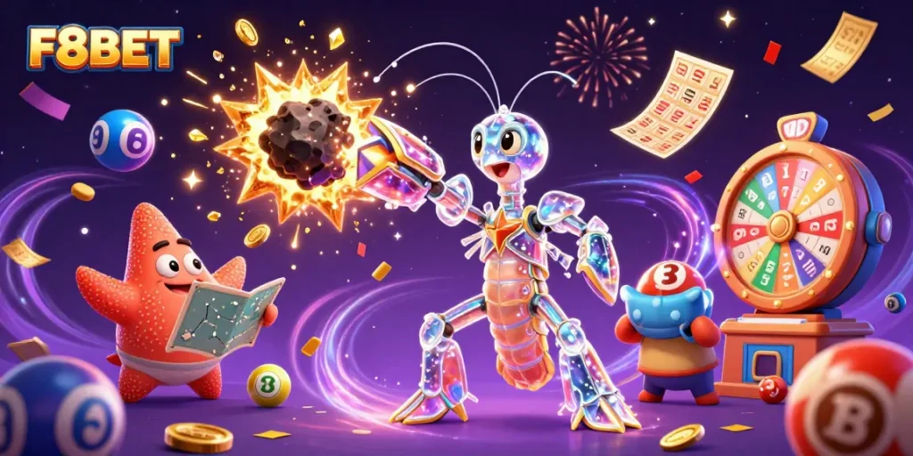 F8BET promotes an exhilarating gaming experience, showcasing colorful lottery elements and a galactic samurai.