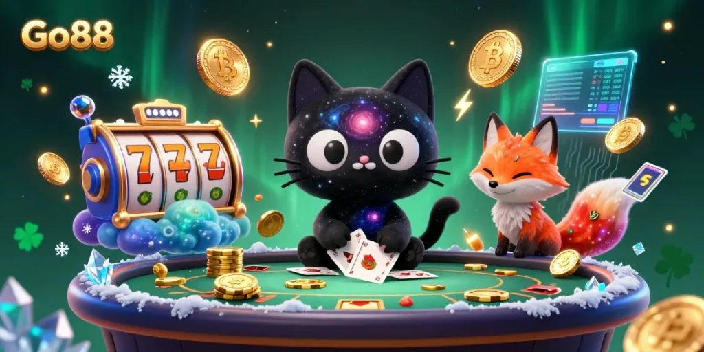 Engage with Go88 by experiencing vibrant cosmic casino elements featuring lucky charms and slot games.