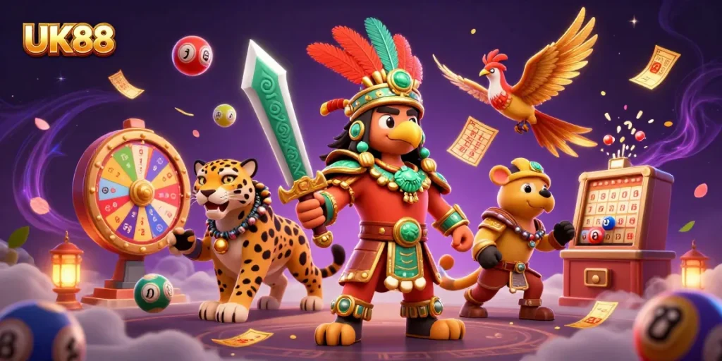 Experience the thrilling games at UK88 casino with an explosive digital illustration featuring warriors and lottery elements.