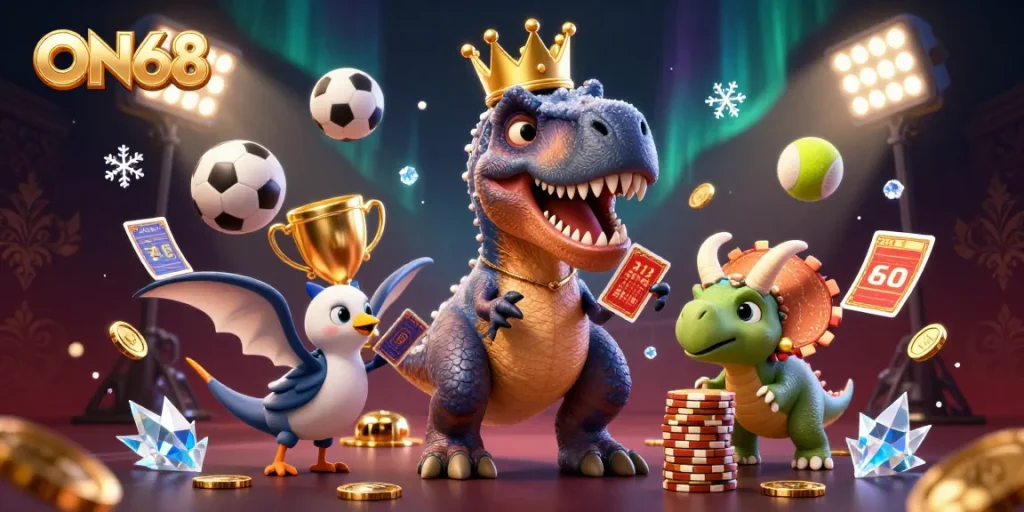Experience fun betting with ON68 as colorful characters play cards and stack chips.