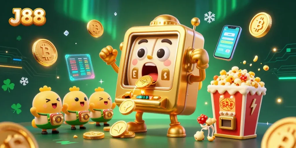 Celebrate J88's jackpots with a lively scene of cartoon slot machines and crypto elements!