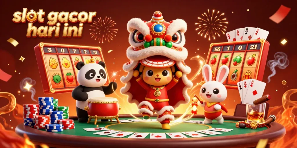 Hadirkan slot gacor hari ini dengan ilustrasi karnaval, karakter menari, serta elemen kasino yang meriah dan berwarna.