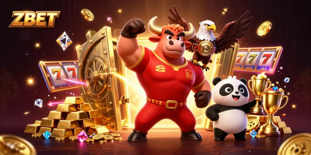 Engage with ZBET while celebrating a vibrant casino victory scene with 3D characters and game elements.