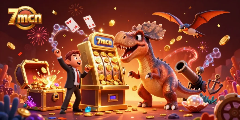 7mcn slot machine scene with characters winning jackpot, showcasing dynamic casino elements.