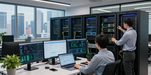rokok88 server technology scene showcasing a technician in a modern office environment