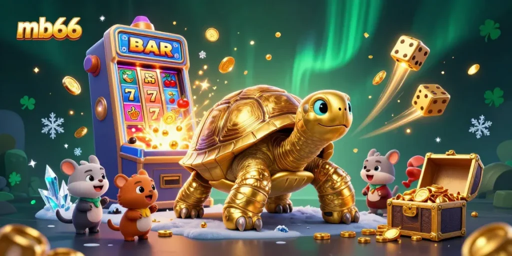 Bet on exciting MB66 casino adventures with a golden tortoise pinball machine and vibrant jackpots.
