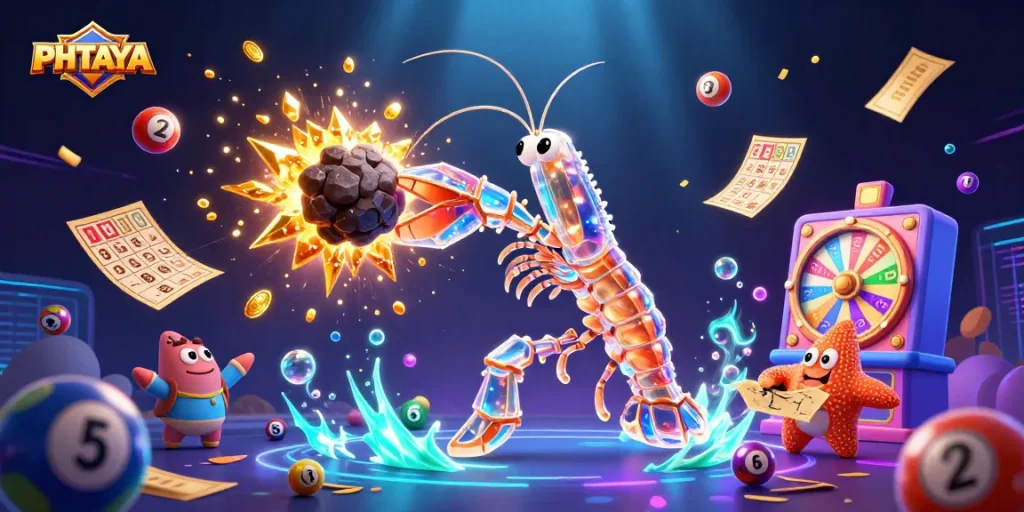 PHTAYA engages players with dynamic lottery excitement, featuring vibrant balls, golden prizes, and action-filled gaming elements.