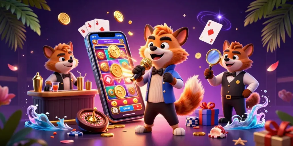 Experience the laughter and thrills of 11WIN in a vibrant casino scene with hyenas engaging in comedy and games.