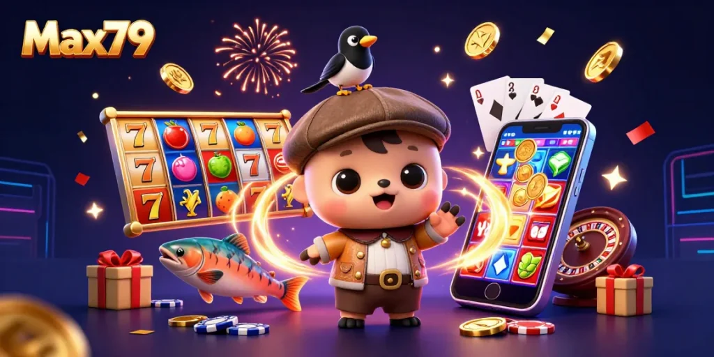 Max79 showcases a colorful slot game scene with Nessie, magpie, and tartan salmon.