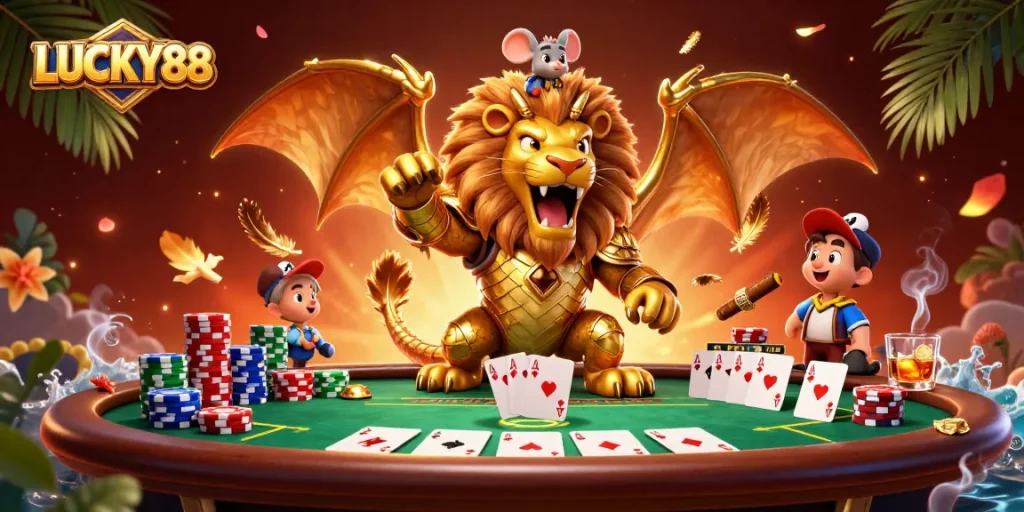 LUCKY88 showcases an exciting poker scene with a golden chimera and mouse jockey for gamblers.