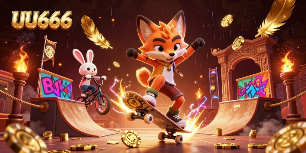 UU666 showcases a skateboarder fox and a BMX rabbit in a vibrant casino-themed scene.