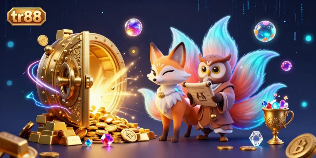 Engage with tr88's vibrant casino magic in this lively illustration depicting thrilling gambling elements.