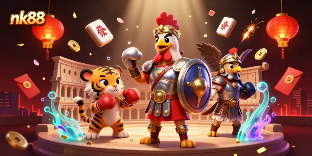 Experience the excitement at NK88 with a thrilling scene of a gladiator rooster, tiger cub, and eagle standard bearer in vibrant casino action.