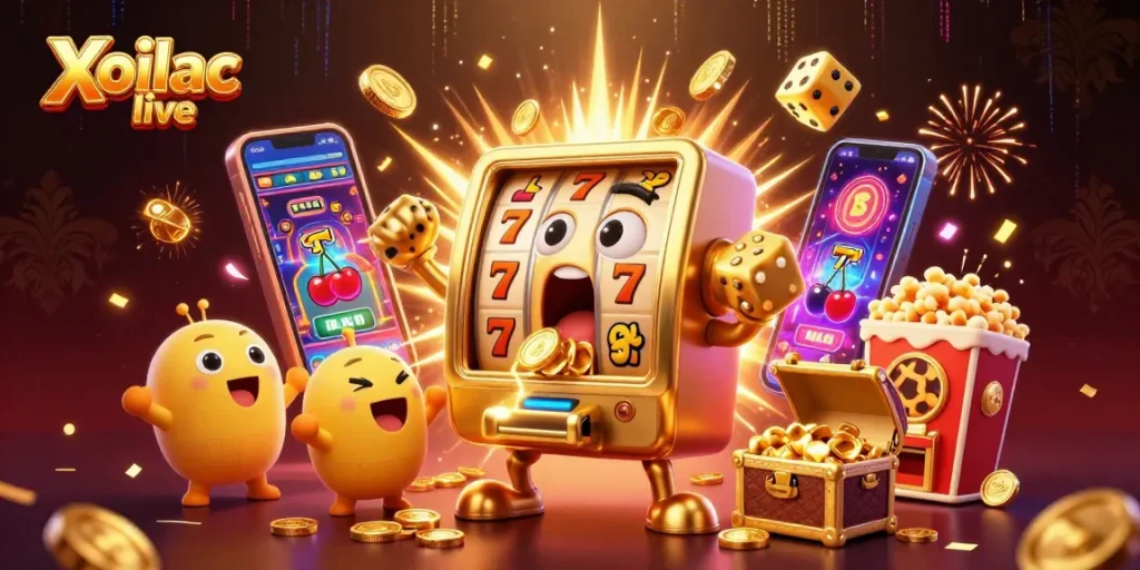 Xoilac live showcases an animated golden slot machine celebrating a jackpot amid a vibrant casino scene.