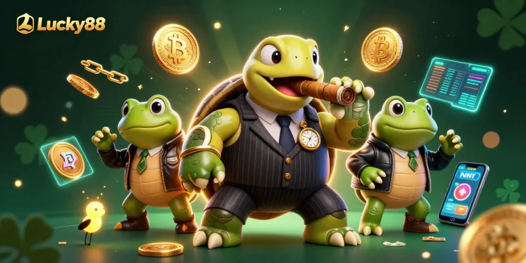 Engage with Lucky88 through a vibrant 3D illustration of casino characters and crypto elements