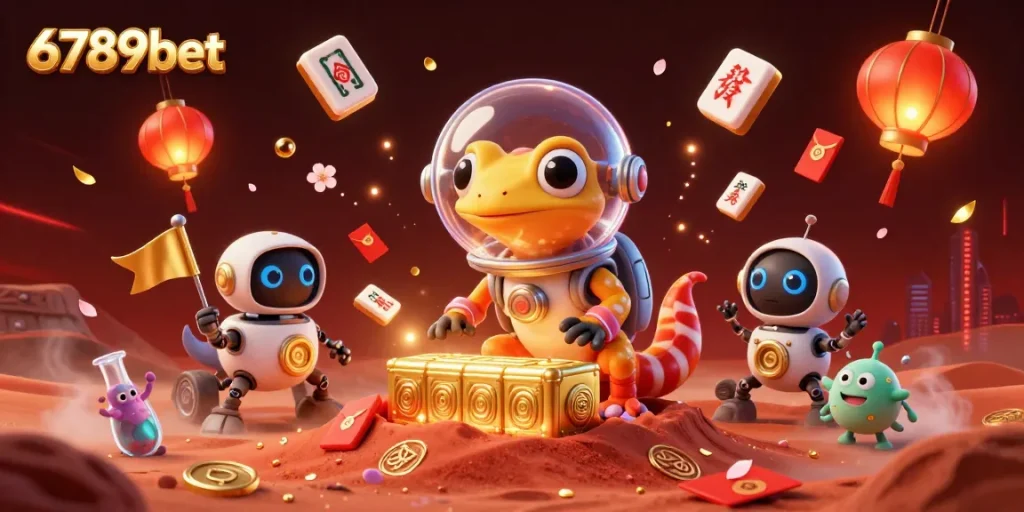 Experience the thrill of 6789bet with a Martian gecko discovering a golden casino on Mars.
