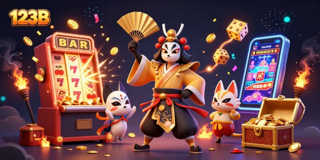 Experience thrilling action with 123B's vibrant casino world showcasing kabuki warriors and jackpot scenes.