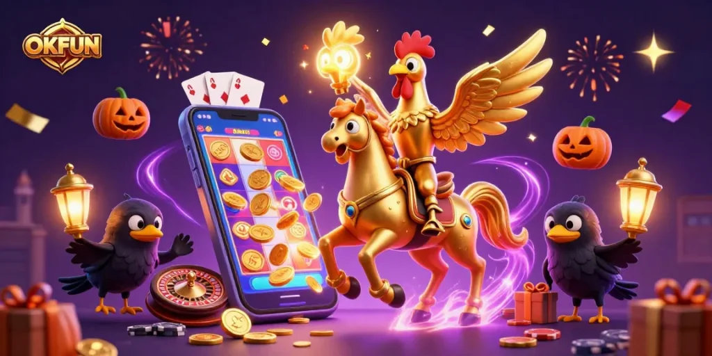 Engaging 3D scene of OKFUN showcasing a golden rooster and mystical companions enjoying a vibrant casino atmosphere.