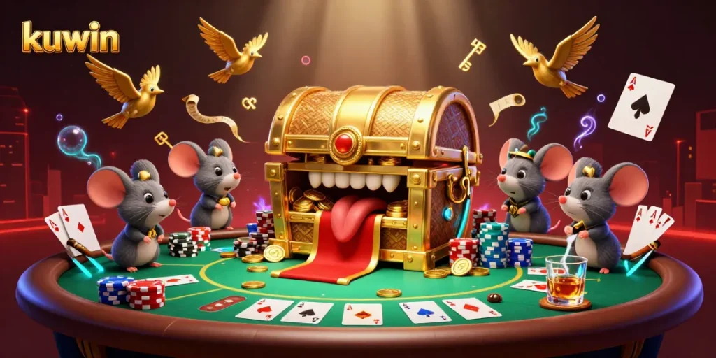 Kuwin treasure chest lures players with poker excitement and wealth, illuminated in a vibrant casino setting.
