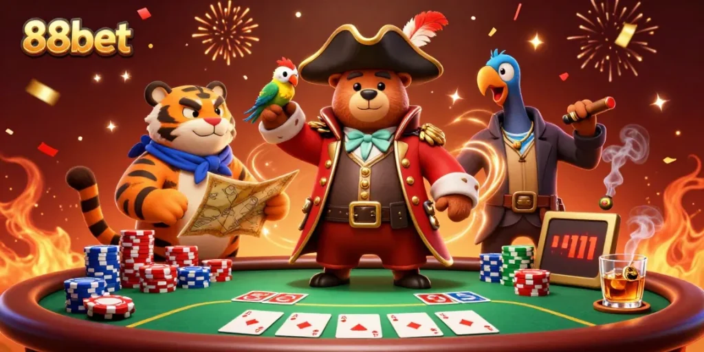 Engage with 88bet's thrilling poker action featuring a pirate bear and his tiger mate amidst vibrant casino elements.
