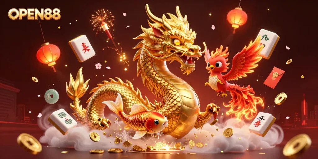 Engage with OPEN88’s vibrant world of gaming featuring a golden dragon and lucky koi fish.